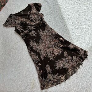 Silk Chocolate Brown Pink Floral Babydoll Midi Dress Flutter Sleeves Y2K Fairy